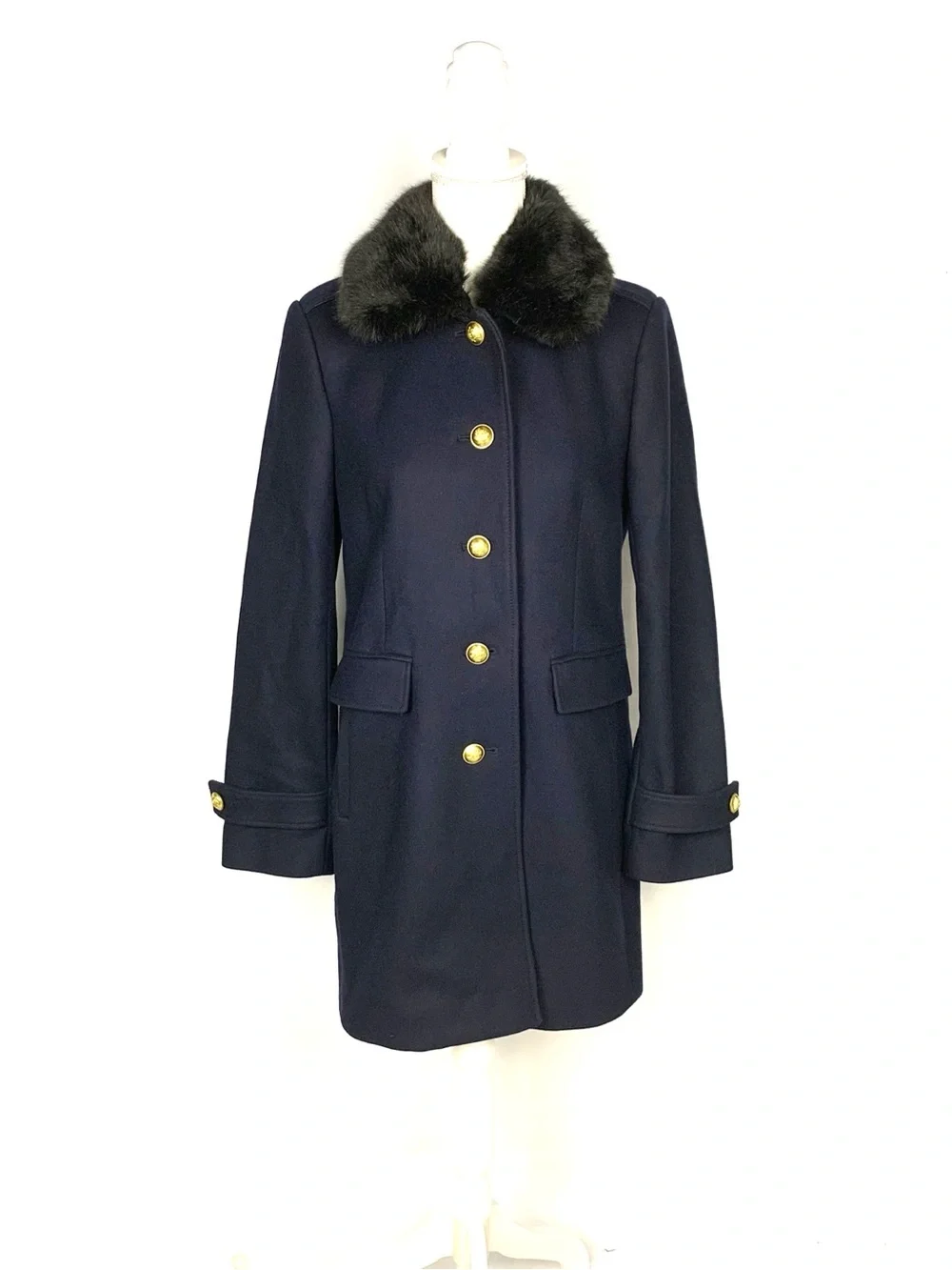 J Crew Women 8 Melton Wool Coat Faux Fur Collar Gold Crest Buttons Navy Overcoat